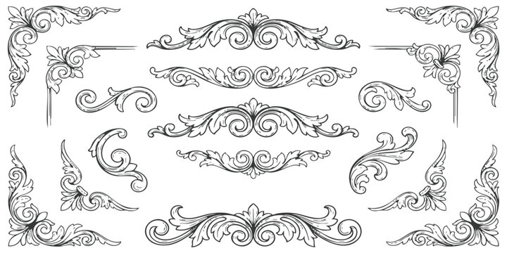Set of black vintage floral scroll border corners and ornamental dividers for elegant page decoration design