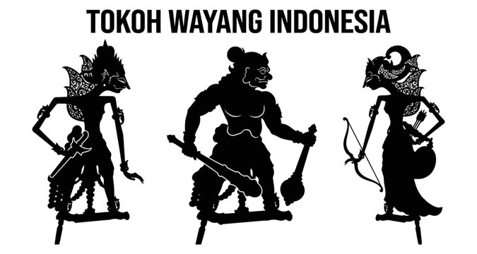Indonesian Wayang Puppets silhouette during performance on white background with copy space