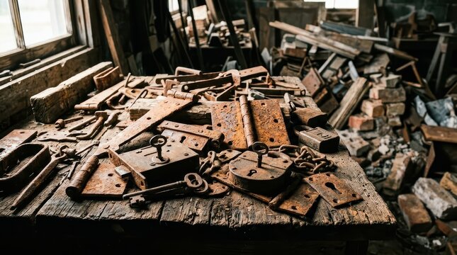 A Collection of Rusted Iron Hinges and Locks on a Wooden Table
