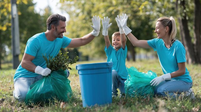 Mother, father, and small son in matching blue eco t-shirts cheer together next to a plastic bin and green trash bags outdoors. Concept of community service and family unity.