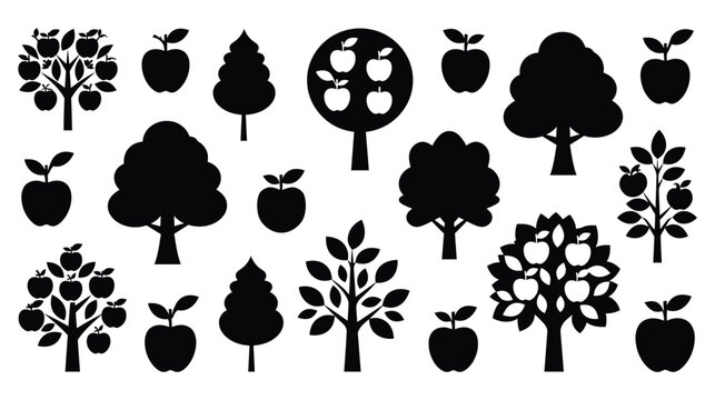 Apple vector silhouette set containing various fruit orchard trees