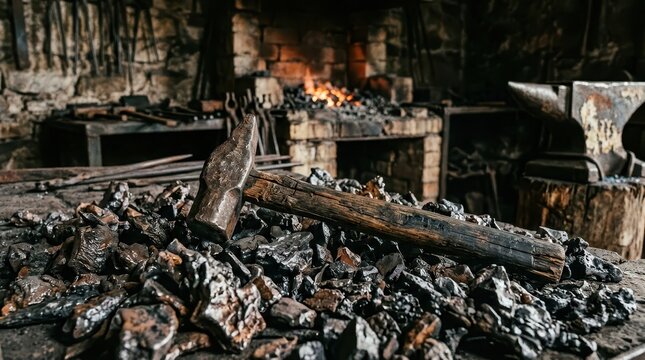 A Dented Blacksmith's Hammer Resting on Coals in a Vintage Forge