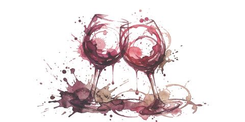 Fototapeta premium Two glasses of red wine clinking together with artistic paint splashes and colorful liquid drops for celebration