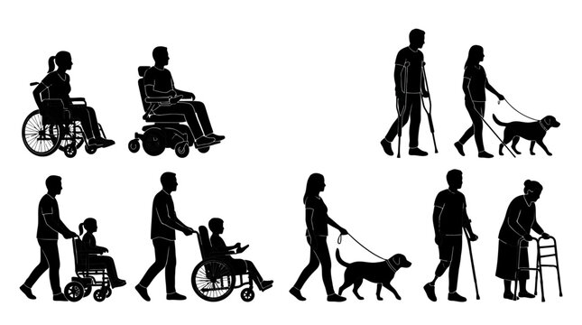 Silhouette collection of diverse disabled people including wheelchair users, individuals with walkers, canes, and service animals in minimalist outline style. Architectural Entourage