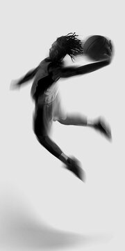 Black and white basketball player flying with ball in motion blur on white background. Concept of aerial power, creative sports poster, explosive leap, and game winning drive.