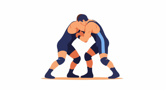 Two athletes locked in a wrestling match, grappling for dominance on a mat