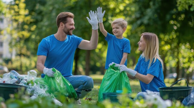 A cheerful man and his little boy celebrate successful trash sorting next to full green bags and a mother outdoors. Conceptual meaning of sustainable parenting and green education.