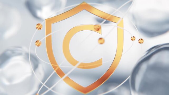 3D animation of Vitamin C ascorbic acid golden shield with rotating atoms. Molecular structure and cell defense abstract background for medical and chemistry video