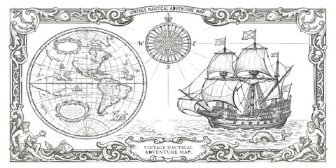 Vintage nautical adventure map with an old sailing ship and a compass rose in a decorative ornate border © GraphixEra