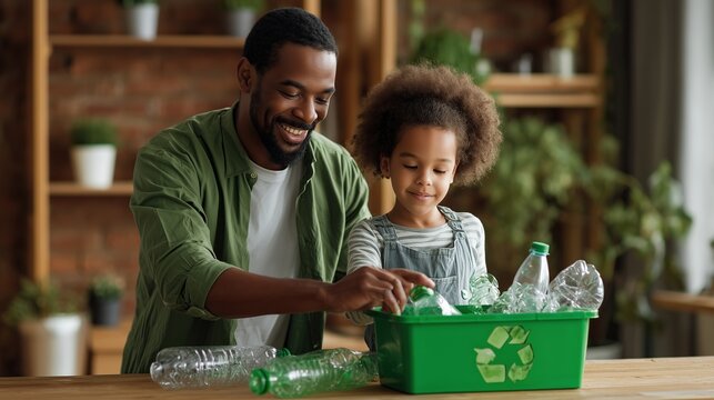 A happy African American man guides his young curly-haired girl as they recycle plastic water bottles at home. Concept of eco-friendly parenting and sustainable lifestyle.