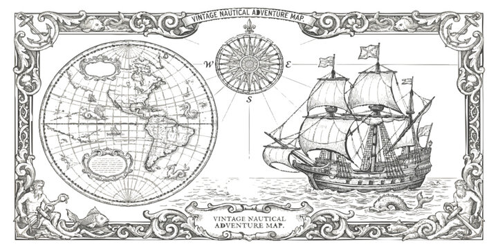 Vintage nautical adventure map with an old sailing ship and a compass rose in a decorative ornate border