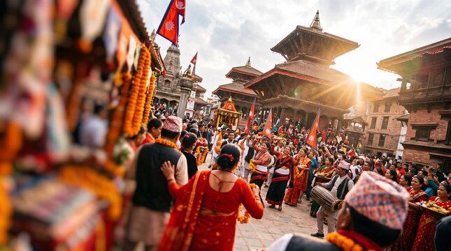 Festival religioso em Kathmandu, Nepal, com prociss&atilde;o e dan&ccedil;a ao p&ocirc;r do sol