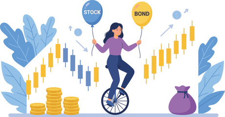 Woman balancing on unicycle holding stock and bond balloons symbolizing investment portfolio risk management vector illustration © Arif Ahmed