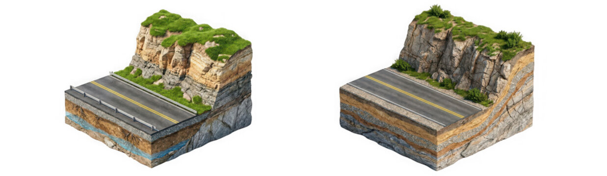 Layered terrain crosssection models showing geological road construction details isolated on transparent background
