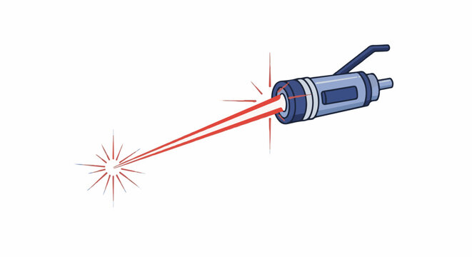 A digital illustration of a blue laser pointer emitting a red beam with a starburst effect