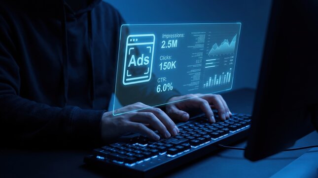 Marketer analyzing ad campaign metrics on futuristic hologram