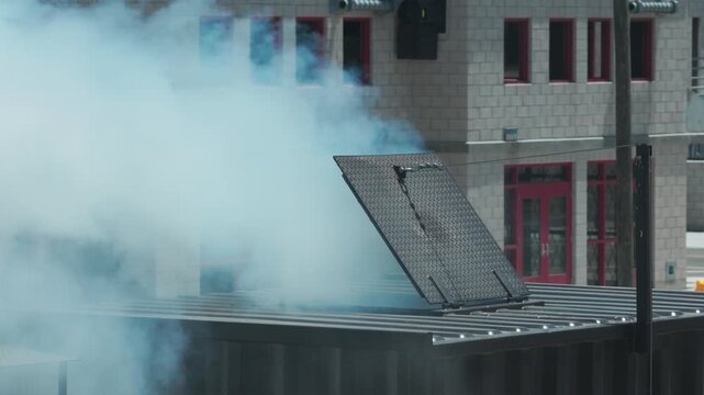 Aerial telephoto shot of dense smoke pouring out of a vent during a live-fire flashover training exercise in Ventura County, California. 4K at 60 FPS Slow Motion