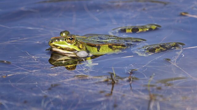 Edible Frog (Rana esculenta) Hybrid of the lake frog and the Pool frog, croaking, sonic bubble, froglets, Middle Elbe Biosphere Reserve, Saxony-Anhalt, Germany
