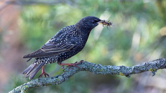 Starling (Sturnus vulgaris), also known as Common starling, with food for the young birds, insects as food for the young, foraging, breeding, Middle Elbe River Landscape, Middle Elbe Biosphere Reserve, Saxony-Anhalt, Germany