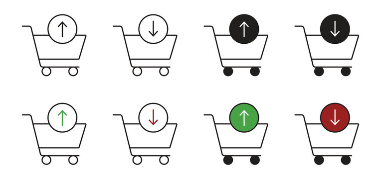Shopping cart icon set with up and down arrow for ecommerce growth and sales trend. Market analysis symbols for online retail business and consumer behavior. Vector Illustration.