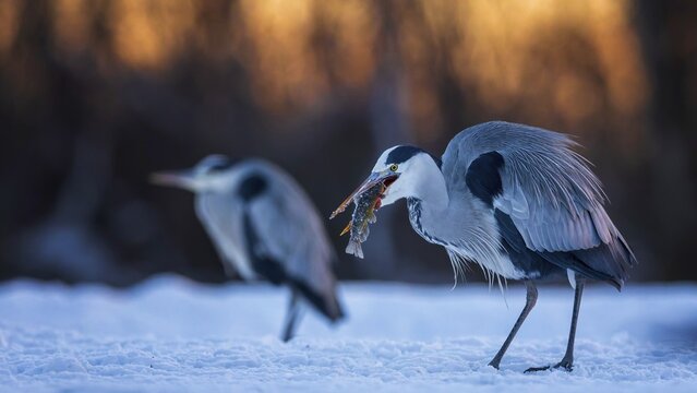 Grey heron (Ardea cinerea) sitting, frost and ice on feathers, iced, hunting, with catfish as prey, distress, lack of food, portrait, winter, hunting, fishing, sunrise, morning light, Hortob&aacute;gyi Nemzeti Park, Hungary