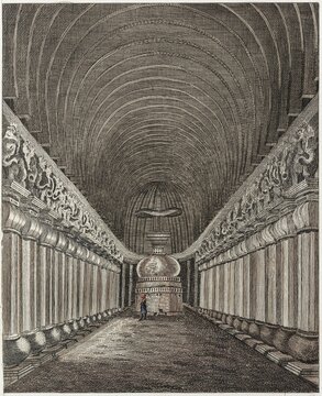 Cave Monastery Karla, Maharashtra, India, hand-coloured copperplate engraving from Friedrich Justin Bertuch Picture Book for Children, 1807, Weimar, Germany