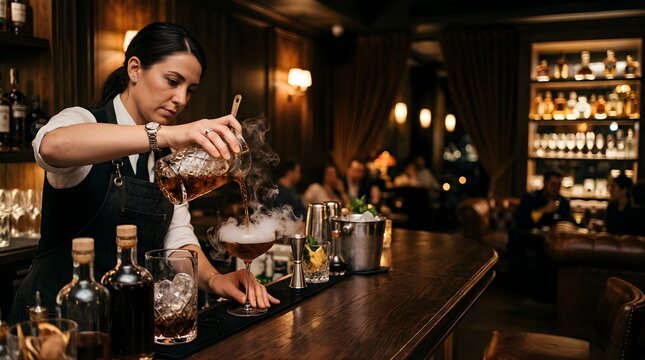 Professional female bartender pouring a smoking cocktail in a moody bar