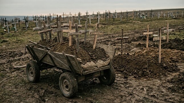 Cart of freshly dug graves with wooden crosses in a rural cemetery