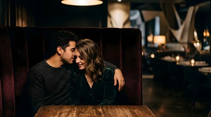 Obraz premium Romantic couple sharing an intimate moment at a restaurant table at night