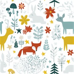 Fototapeta premium Woodland animals under starry night sky pattern, magical forest theme, whimsical nursery decor, cozy nature illustration, dreamy design.
