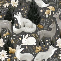 Obraz premium Woodland animals under starry night sky pattern, magical forest theme, whimsical nursery decor, cozy nature illustration, dreamy design.