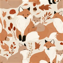Fototapeta premium Sleeping fox family seamless pattern, cozy woodland theme, gentle wildlife decor, warm autumn mood, adorable nature illustration.