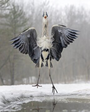 Grey heron (Ardea cinerea) hunting and spreading its wings as a deterrent, winter with ice and snow, lack of food, competition for food, predators, hunting scene, fog, shallow water zone, shore zone, reed belt, morning light, Kiskunsag National Park, Hungary