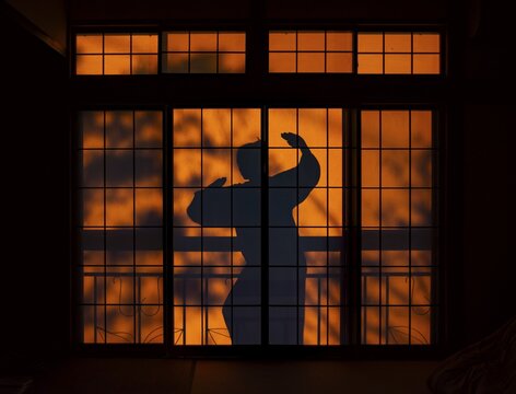 Shadows of a woman in kimono, on the balcony behind sliding shoji doors in a traditional Japanese house, ninja, Yamanouchi, Nagano, Japan