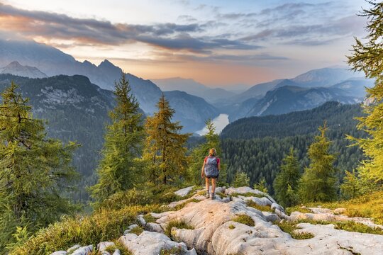 Hiker looks at mountain panorama, view over K&ouml;nigssee from Feldkogel, left Watzmann S&uuml;dspitze and Watzmann-Kinder, right Funtenseetauern, sunset, National Park Berchtesgaden, Berchtesgadener Land, Upper Bavaria, Bavaria, Germany