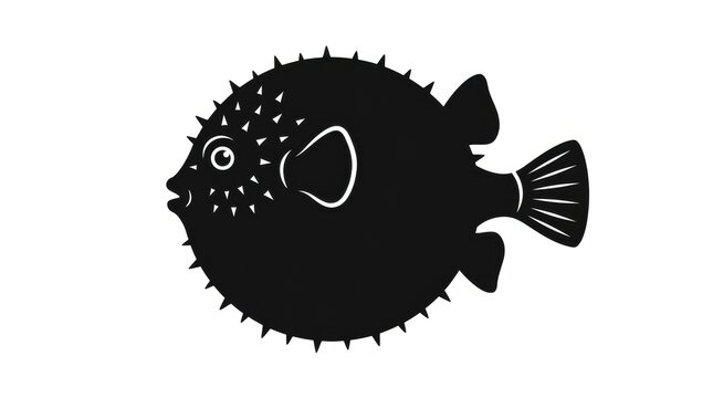 Pufferfish black silhouette icon, minimalist blowfish sea creature illustration, aquatic puffer fish graphic element on white background