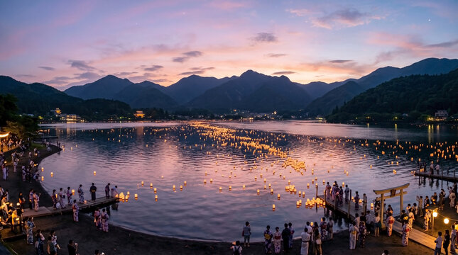 Obon festival celebration with floating lanterns on a dusk lake, illustrating a Japanese lantern festival, Toro Nagashi ceremony, and spiritual remembrance ritual.