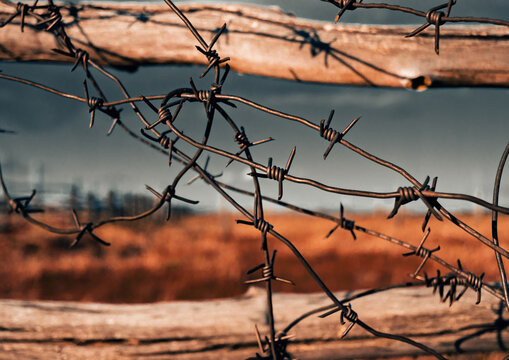 Barbed wire on wooden fence against blue sky and open field in rural area during daytime