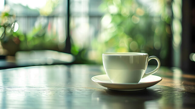 A white ceramic coffee cup on a saucer sits on a dark wooden table with a blurred green garden visible through the window behind it.
