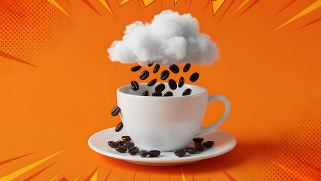 Vibrant pop art concept of a minimalist white ceramic coffee cup with a realistic raincloud pouring coffee beans on an orange background, generative AI