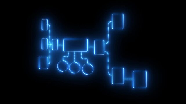 Glowing neon Simple modern template for process flow diagram. Flat infographic design for website or data presentation. Business process flowchart, implement and improve on virtual screen process.