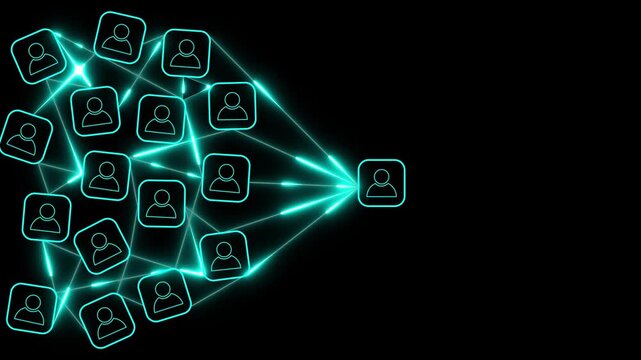 Glowing neon dartboard and black arrow connection linkage with human icon for customer focus target group and customer relation management concept.4k motion graphics video animation
