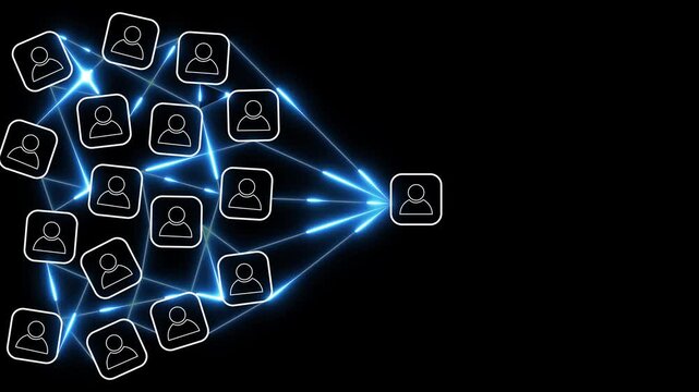 Glowing neon dartboard and black arrow connection linkage with human icon for customer focus target group and customer relation management concept.4k motion graphics video animation