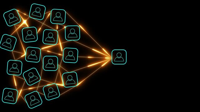 Glowing neon dartboard and black arrow connection linkage with human icon for customer focus target group and customer relation management concept.4k motion graphics video animation