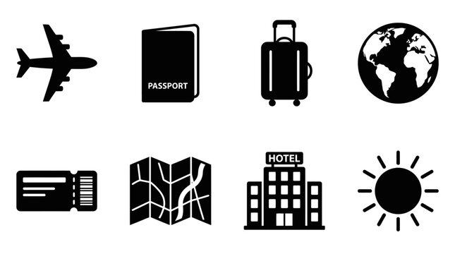Travel Tourism Vector Icons Airplane Passport Suitcase Globe Boarding Pass Map Hotel Sun Vacation Journey Adventure Culture Design Collection