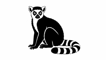 Naklejka premium Minimalist ring-tailed lemur silhouette, black and white primate illustration, exotic wild animal graphic isolated on white background