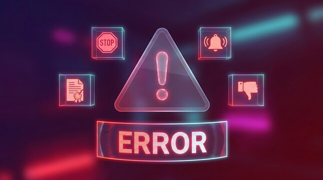 System error warning interface with glowing red triangle icon and software failure alert.
