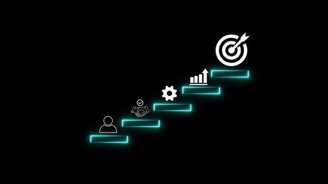 Glowing neon step on table with icon Action plan, Goal and target, success and business target concept, project management, company strategy.4k motion graphics video animation