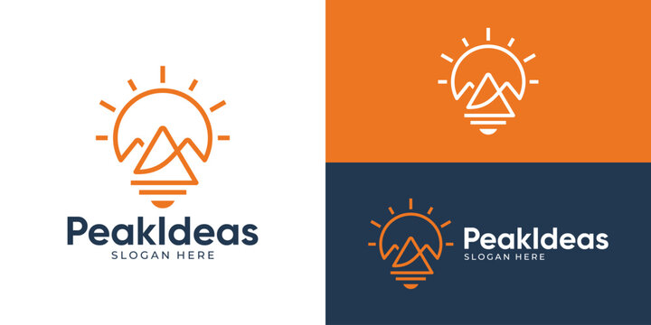 Creative simple peak ideas logo template. Light bulb with mountain summit hill symbol creative logo design vector illustration.