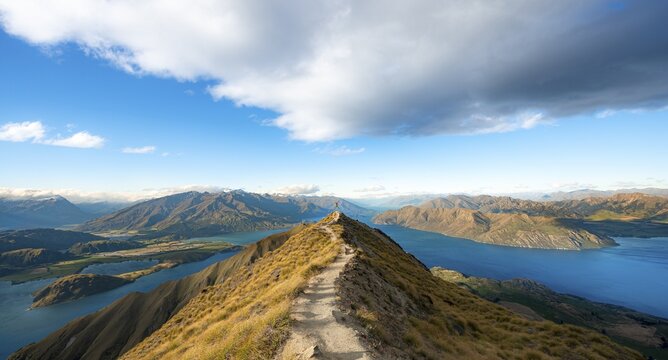 Hiker takes a skydive, views of mountains and lake from Mount Roy, Roys Peak, Lake Wanaka, Southern Alps, Otago, South Island, New Zealand